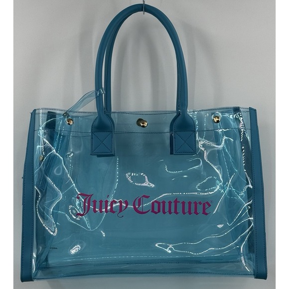 Juicy Couture Clear Blue Pink Logo Print Tote‎ Bag Card Holder Beach Ball Field - Picture 1 of 6